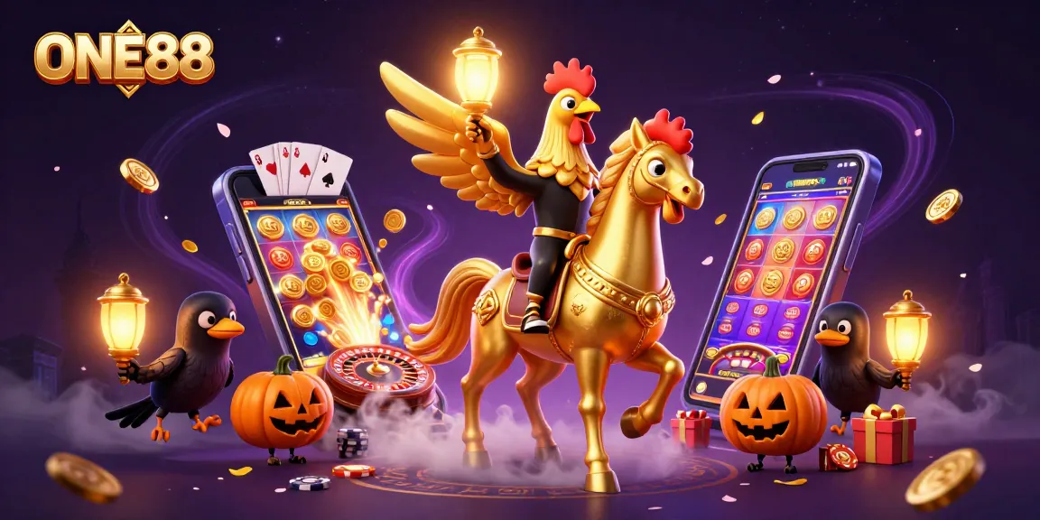 Experience the excitement of ONE88 with a vibrant 3D scene of a golden rooster and spectral horse in a lively casino.
