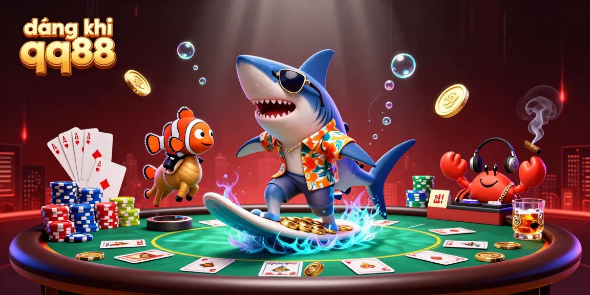 Engage in thrilling action with đăng ký qq88 as a shark surfs gold coins amidst a vibrant casino scene.