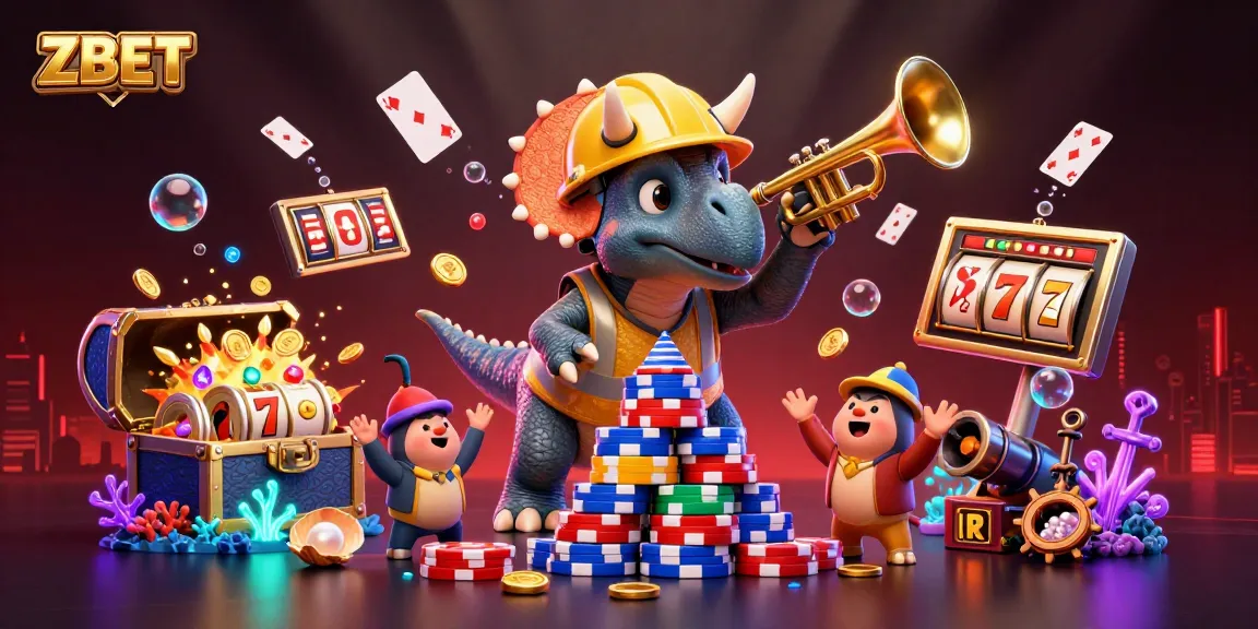 ZBET captivates with a dynamic 3D scene of a triceratops creating poker chip pyramids amid floating cards and vibrant casino elements.