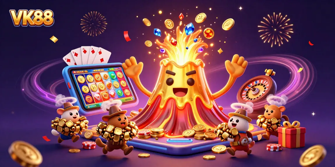 Experience VK88's thrilling eruptions of coins and treasures in this vibrant casino scene.