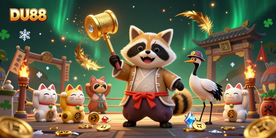 Experience the vibrant energy of DU88 with a tanuki, samurai crane, and fortune cats in a festive casino scene.