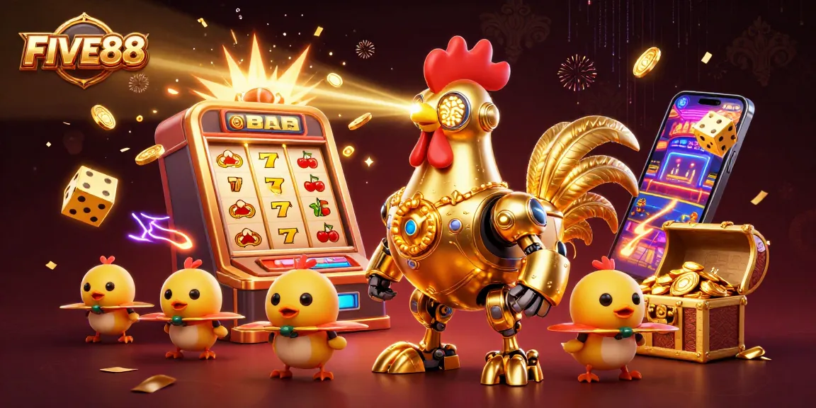 Experience exciting games and promotions at FIVE88 with vibrant casino-themed illustration.