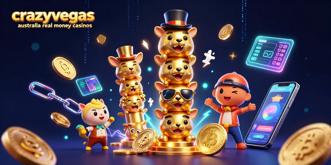 Engage with crazyvegas australia real money casinos through a vibrant 3D casino illustration rich in cryptocurrency elements.