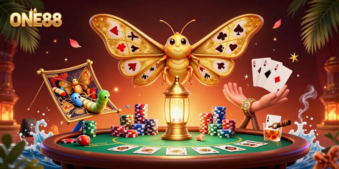 Engage in top-tier gaming with ONE88, featuring vibrant casino scenes and dynamic poker elements.